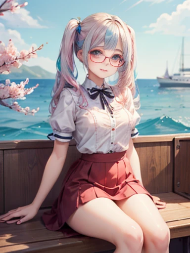 (masterpiece:1.2), (highest quality:1.2),, Curvy but slender body, perfect eyes, perfect face, perfect lighting, 1 girl,(rainbow colored hair, colorful hair, Half blue、half pink hair: 1.2),  cherry blossoms、 Glasses、（Cute floral shirt），（whole bodyが見える），spring、（painted on steel、Transparent sexy clothes、polka dots、Extremely Mini、lace skirt），curly hair, Clothes with short sleeves, 、In the sea、on the boat、, compensate, eye shadow, small breasts、thick eyelashes, fantasy, looking at the viewer, whole body，alice in wonderland、blue sky、Bright and beautiful face、young shiny glossy white shiny skin、the best beauty、the most beautiful in the world、thin hair、long hair、Shining beautiful bangs、big shining blue eyes、very beautiful and lovely 8 year old, the most beautiful girl in the world、twin tails、Glasses、a disappointed face、Waiting for a kiss、smile.Fashionable underwear