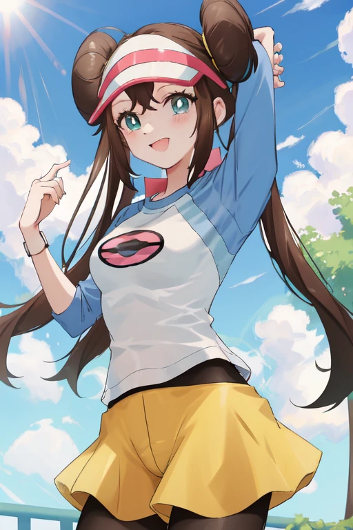 masterpiece, best quality, highres, shorts, pantyhose, visor cap, legwear under shorts, raglan sleeves, yellow shorts, black pantyhose, shirt, short shorts, outdoors, smile,