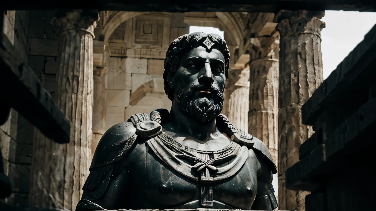 A dark landscape image of an ancient greek society deeply connected to stoicism, black and white, ancient greek architecture, include one single big statue of a stereotypical strong greek man, marcus aurelius