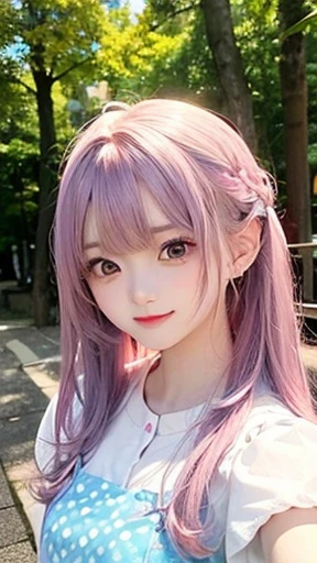 The arrival of autumn、big chest、 (alone:1.5,)Super detailed,明るいcolor, very beautiful detailed anime face and eyes, look straight, shiny_skin,girl, (((虹colorの髪, colorful hair, Half blue、half pink hair: 1.2))), 、forehead is exposed.、green eyes、shiny hair, delicate beautiful face, blush、Glasses、(turquoise eyes), White skin, Valletta, mature earrings、lake shore、Taking a walk、Maple leaves are waiting、blue sky、((short sleeve、Cute blouse with polka dots、short sleeveの服、Red checked miniskirt,)))、twin tails、smile、happy face、face dyed red、color々pose、Full body portrait from head to toe、I'm embarrassed