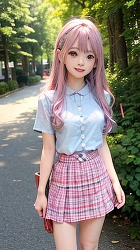 The arrival of autumn、big chest、 (alone:1.5,)Super detailed,明るいcolor, very beautiful detailed anime face and eyes, look straight, shiny_skin,girl, (((虹colorの髪, colorful hair, Half blue、half pink hair: 1.2))), 、forehead is exposed.、green eyes、shiny hair, delicate beautiful face, blush、Glasses、(turquoise eyes), White skin, Valletta, mature earrings、lake shore、Taking a walk、Maple leaves are waiting、blue sky、((short sleeve、Cute blouse with polka dots、short sleeveの服、Red checked miniskirt,)))、twin tails、smile、happy face、face dyed red、color々pose、Full body portrait from head to toe、I'm embarrassed