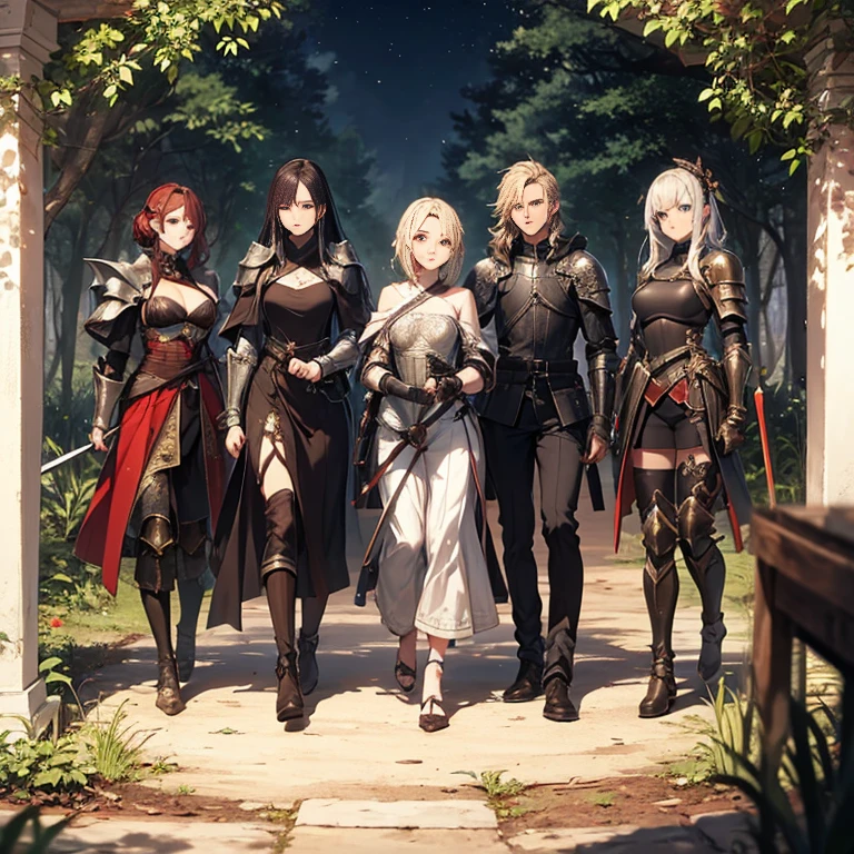 A group of female knights, (in forest), various hair styles, harem, wearing armored clothes, metal armor, night, details face, trousers, seducing, sword, exposed shoulder,