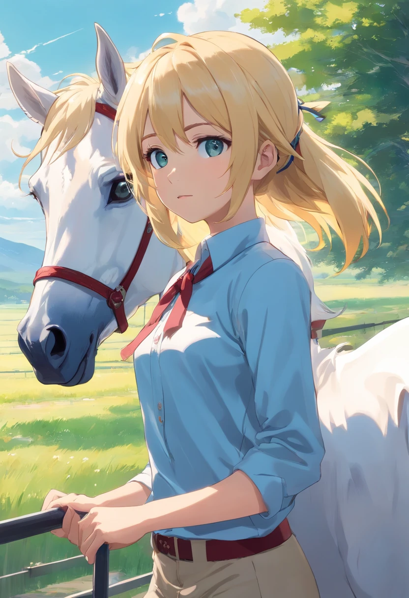 17 year old blonde woman, pelo cortado en melena, le cubre una parte de la cara, ojos azules, delgada, dressed in riding clothes standing in front of a white horse