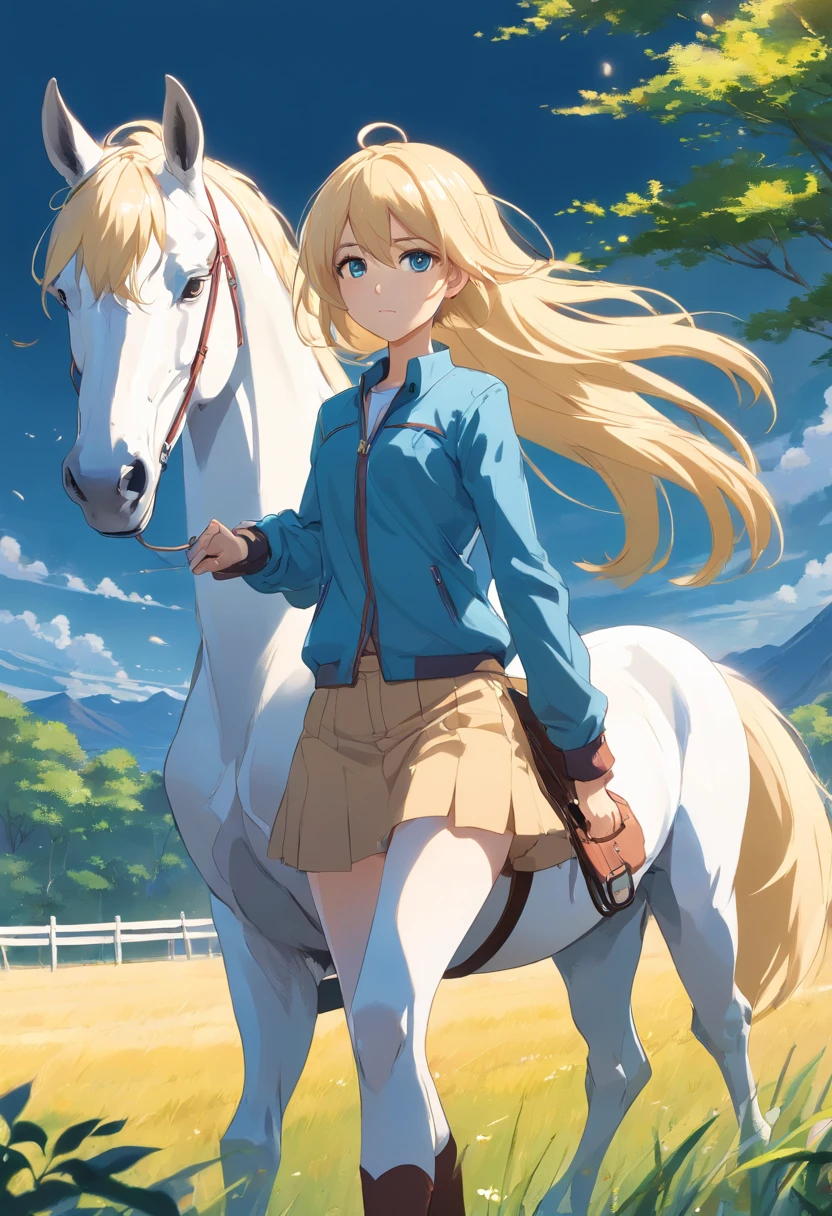 17 year old blonde woman, pelo cortado en melena, le cubre una parte de la cara, ojos azules, delgada, dressed in riding clothes standing in front of a white horse