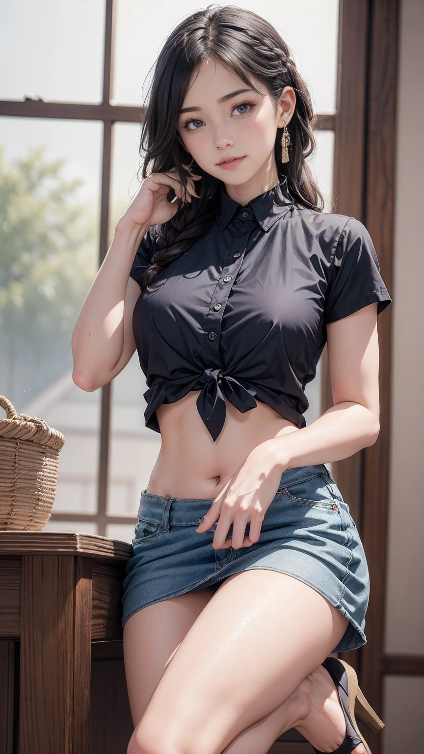 (8K, RAW photo, highest quality, masterpiece:1.2), (realistic, photo-realistic:1.37)、26 year old Japanese woman、hair is black、Eye color is indigo、long hair、I braid it lightly、Slender but well-proportioned muscular body、setting hair、I'm punching my chest、accessories on the ankle、smile、I'm wearing a hair band、Wearing a sheer tie-front shirt、My abs are cracked、I can see my bellybutton、Wear a navy blue low-rise micro mini pleated skirt、smile