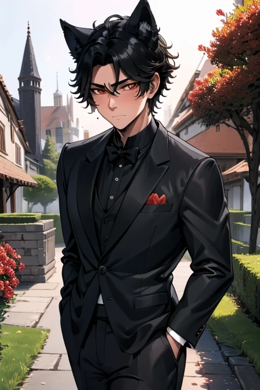 a handsome black haired man with golden eyes with black fox ears and a black fox tail in a nice suit is blushing with a boquet of roses in the garden