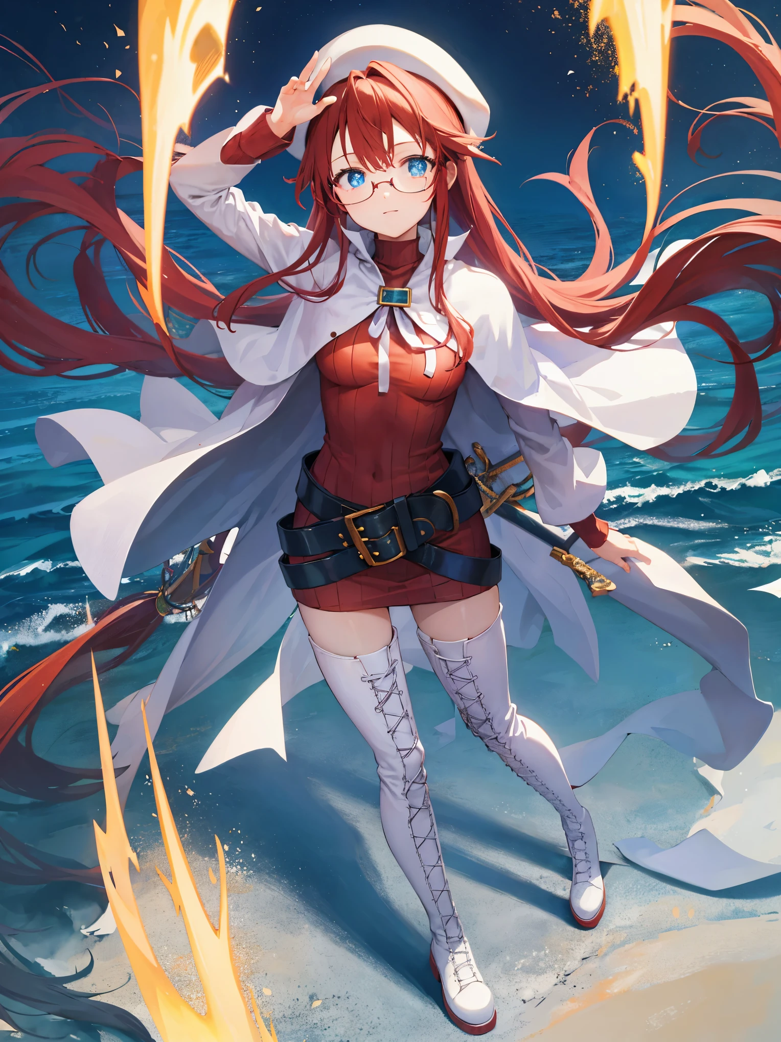 summonnightaty, aty, long hair, blue eyes, red hair, beret, hat, glasses,
BREAK long hair, thighhighs, hat, dress, boots, glasses, belt, cape, sweater, zettai ryouiki, beret, thigh boots, white footwear, ribbed sweater, loose belt,solo,
BREAK outdoors, fantasy,on_the_ship,
BREAK (masterpiece:1.2), best quality, high resolution, unity 8k wallpaper, (illustration:0.8), (beautiful detailed eyes:1.6), extremely detailed face, perfect lighting, extremely detailed CG, (perfect hands, perfect ???????),covered_nipples,covered_navel,light_smile ,(half_eyes:1.4),sword,armpit,sleepy,dynamic_standing,barrel,red_sweater,apart_legs,magical_effect,
