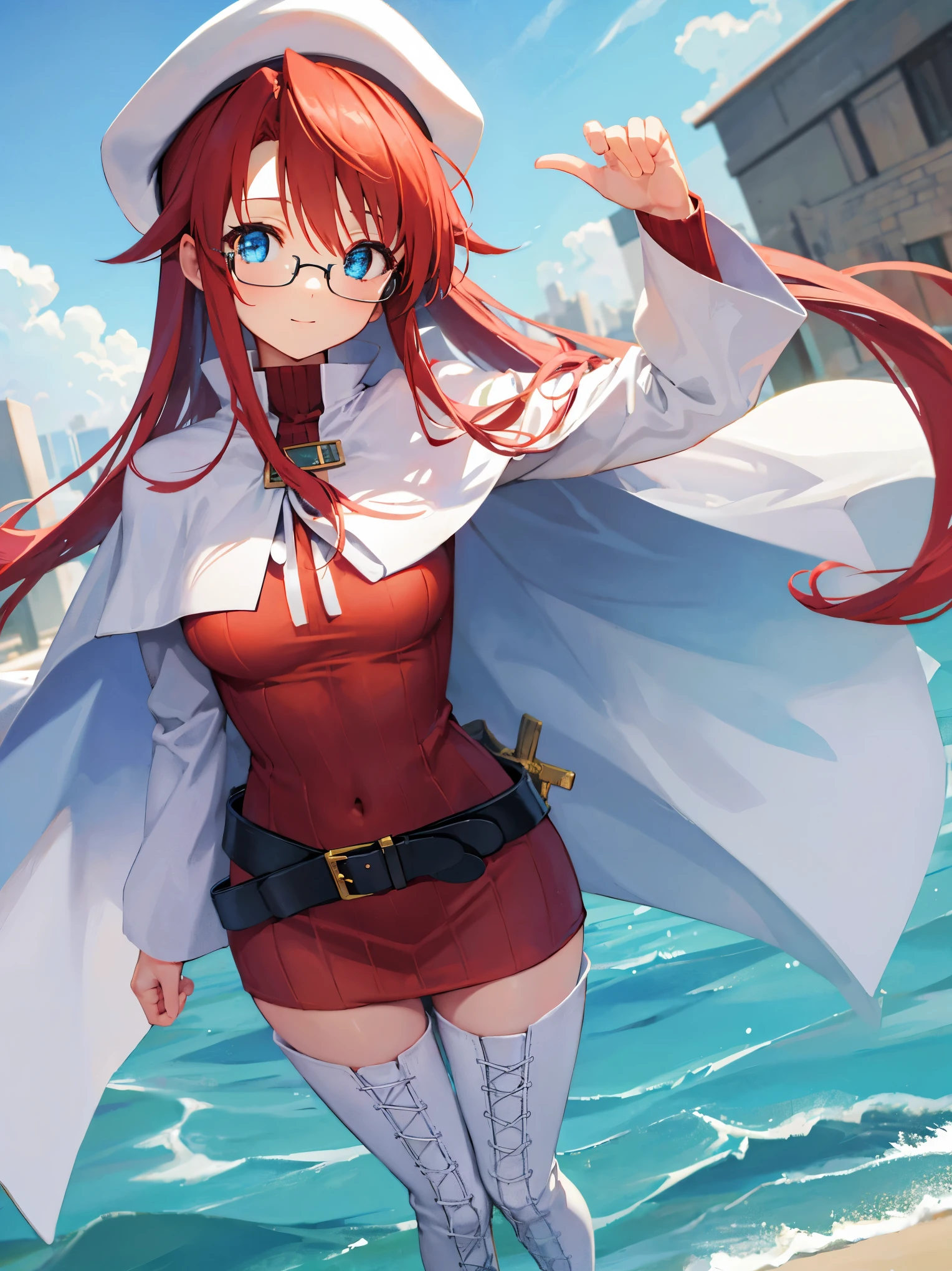 summonnightaty, aty, long hair, blue eyes, red hair, beret, hat, glasses,
BREAK long hair, thighhighs, hat, dress, boots, glasses, belt, cape, sweater, zettai ryouiki, beret, thigh boots, white footwear, ribbed sweater, loose belt,solo,
BREAK outdoors, fantasy,on_the_ship,
BREAK (masterpiece:1.2), best quality, high resolution, unity 8k wallpaper, (illustration:0.8), (beautiful detailed eyes:1.6), extremely detailed face, perfect lighting, extremely detailed CG, (perfect hands, perfect anatomy),covered_nipples,covered_navel,light_smile ,(half_eyes:1.4),sword,armpit,sleepy,dynamic_standing,barrel,red_sweater,apart_legs,magical_effect,