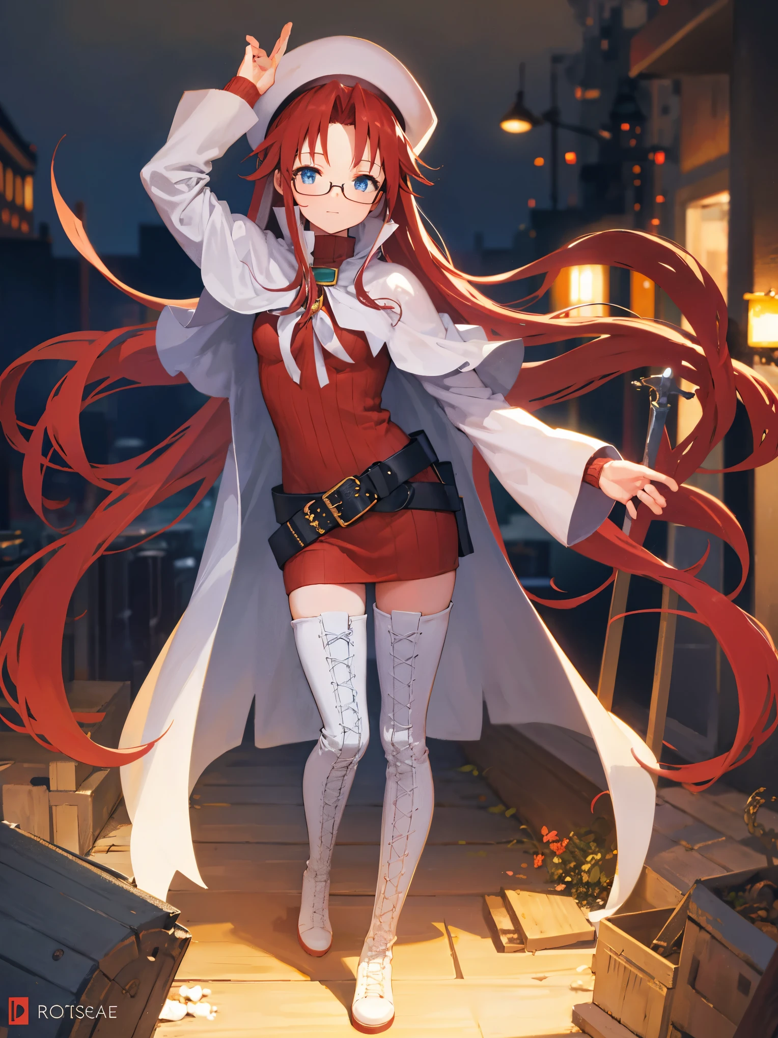 summonnightaty, aty, long hair, blue eyes, red hair, beret, hat, glasses,
BREAK long hair, thighhighs, hat, dress, boots, glasses, belt, cape, sweater, zettai ryouiki, beret, thigh boots, white footwear, ribbed sweater, loose belt,solo,
BREAK outdoors, fantasy,on_the_ship,
BREAK (masterpiece:1.2), best quality, high resolution, unity 8k wallpaper, (illustration:0.8), (beautiful detailed eyes:1.6), extremely detailed face, perfect lighting, extremely detailed CG, (perfect hands, perfect anatomy),covered_nipples,covered_navel,light_smile ,(half_eyes:1.4),sword,armpit,sleepy,dynamic_standing,barrel,red_sweater,apart_legs,magical_effect,