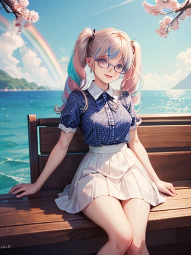 (masterpiece:1.2), (highest quality:1.2),, Curvy but slender body, perfect eyes, perfect face, perfect lighting, 1 girl,(rainbow colored hair, colorful hair, Half blue、half pink hair: 1.2), cherry blossoms、 Glasses、(Cute floral shirt),(whole bodyが見える),spring、(Exquisitely drawn、Transparent sexy clothes、polka dots、Extremely Mini、White lace skirt),curly hair, Clothes with short sleeves, 、In the sea、on the boat、, compensate, eye shadow, small breasts、thick eyelashes, fantasy, looking at the viewer, whole body,alice in wonderland、blue sky、Bright and beautiful face、young shiny glossy white shiny skin、the best beauty、the most beautiful in the world、thin hair、long hair、Shining beautiful bangs、big shining blue eyes、very beautiful and lovely 8 year old, the most beautiful girl in the world、twin tails、Glasses、a disappointed face、Waiting for a kiss、smile.Fashionable underwear