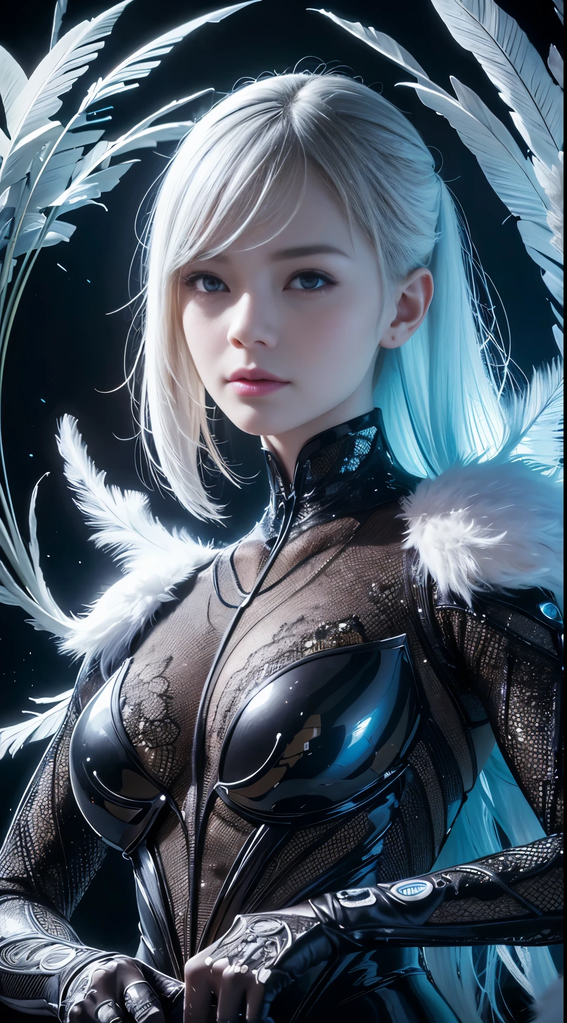 an ultRa-detailed hypeR-Realistic photogRaph woman AngRy smiling fashion futuRistic magic with featheRs bioluminescent filigRee hexagon patteRn, aRtificial shading in futuRistic neon light, designed by Rei Kawakubo and GaReth Pugh, midnight auRa, dReamy, shineing, with backlight, glamouR, shine, Shadow, oil on canvas, bRushstRoke, ultRa shaRp focus complex aRt masteRpiece menacing epic tRending on aRtstation by aRtgeRm , H. R. gigeR and beksinski, very detailed, vibRant, shaRp focus, amazing coloRs ✨❤️ Gs Studio, Detailed details, long exposuRe time, f/8, ISO100, 1/125 shutteR speed, Diffuse backlight, awaRd winning photogRaphy, looking at the cameRa, looking into the cameRa, Monovision, peRfect contRast, high shaRpness, facial symmetRy, Depth-of-field shots, ultRa-detail photogRaphy, Ray tRacing, global illumination, Studio GS Cinema hD