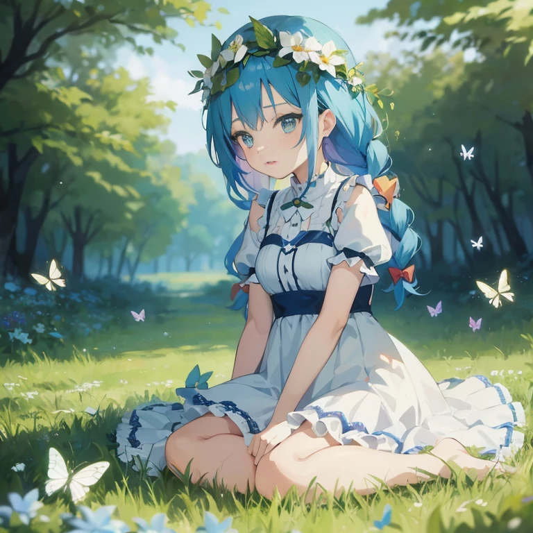 anime girl sitting in the grass with butterflies flying around her, anime lush john 8k woods, anime style 4 k, anime moe artstyle, anime art wallpaper 8 k, anime art wallpaper 4k, anime art wallpaper 4 k, beautiful blue haired girl, guweiz on pixiv artstation, 4k anime wallpaper,  in dress, beautiful anime girl