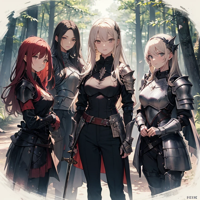 A group of female knights, (in forest), various hair styles, harem, wearing armored clothes, metal armor, night, details face, trousers, seducing, sword, exposed shoulder,