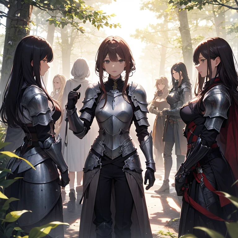 A group of female knights, (in forest), various hair styles, harem, wearing armored clothes, metal armor, night, details face, trousers, seducing, sword, exposed shoulder,