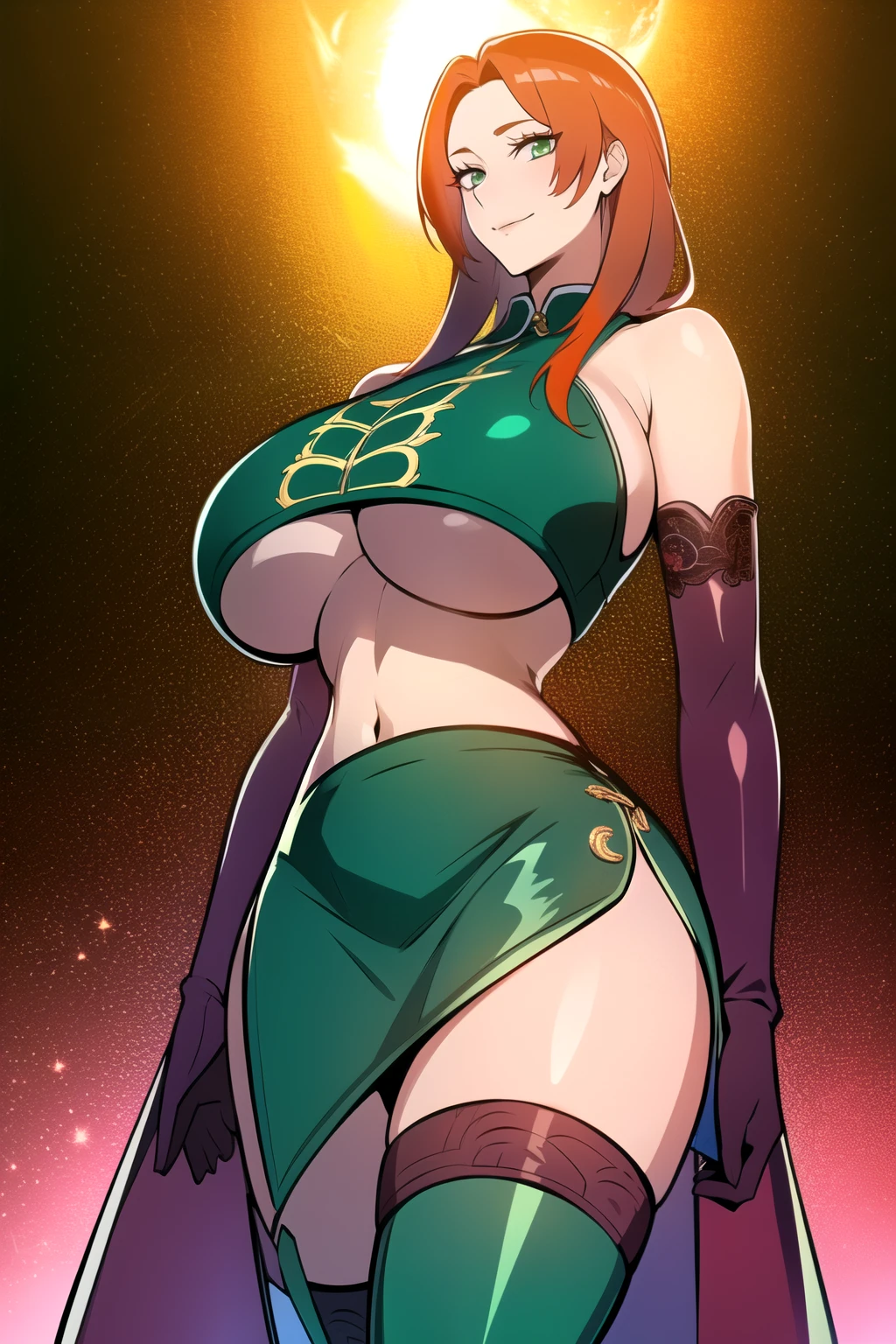 ultra realistic 8k cg, masterpiece, (( intricate detail, highly detailed, fine details best quality, hyperdetailed face)), gigantic ,beautiful lighting, absurdres, BoaHancockV2, 1girl, solo, (orange hair :1.4), long hair, jewelry, closed mouth, ), (chinese dress, (underboob : 1.4), elbow gloves, thigh boots, split skirt, bare shoulders, curvy, midriff, curvy, thighs, shiny clothes), (green eyes : 1.4), (complex detailed background, inside, luxury palace), ((cowboy shot)), curvy, (gigantic breasts seductive smile, cowboy shot,