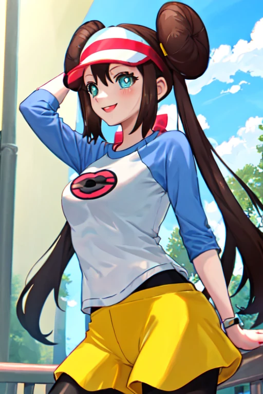 masterpiece, best quality, highres, shorts, pantyhose, visor cap, legwear under shorts, raglan sleeves, yellow shorts, black pantyhose, shirt, short shorts, outdoors, smile,