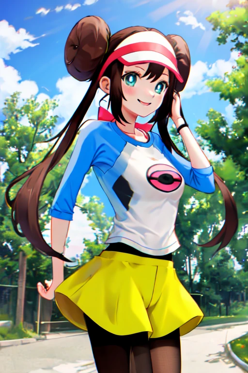 masterpiece, best quality, highres, shorts, pantyhose, visor cap, legwear under shorts, raglan sleeves, yellow shorts, black pantyhose, shirt, short shorts, outdoors, smile,