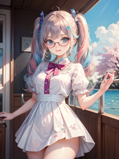 (masterpiece:1.2), (highest quality:1.2),, Curvy but slender body, perfect eyes, perfect face, perfect lighting, 1 girl,(rainbow colored hair, colorful hair, Half blue、half pink hair: 1.2), cherry blossoms、 Glasses、(Cute floral shirt),(whole bodyが見える),spring、(Exquisitely drawn、Transparent sexy clothes、polka dots、Extremely Mini、White lace skirt),curly hair, Clothes with short sleeves, 、In the sea、on the boat、, compensate, eye shadow, small breasts、thick eyelashes, fantasy, looking at the viewer, whole body,alice in wonderland、blue sky、Bright and beautiful face、young shiny glossy white shiny skin、the best beauty、the most beautiful in the world、thin hair、long hair、Shining beautiful bangs、big shining blue eyes、very beautiful and lovely 8 year old, the most beautiful girl in the world、twin tails、Glasses、a disappointed face、Waiting for a kiss、smile.Fashionable underwear