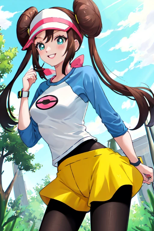 masterpiece, best quality, highres, shorts, pantyhose, visor cap, legwear under shorts, raglan sleeves, yellow shorts, black pantyhose, shirt, short shorts, outdoors, smile,