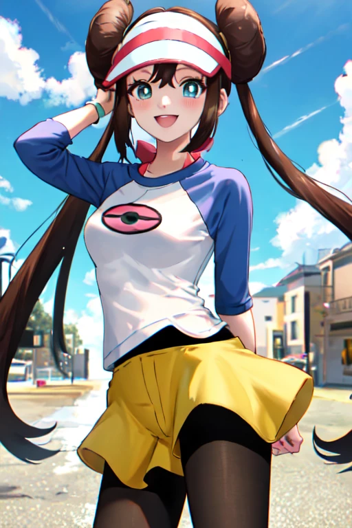 masterpiece, best quality, highres,  shorts, pantyhose, visor cap, legwear under shorts, raglan sleeves, yellow shorts, black pantyhose, shirt, short shorts, outdoors, smile,