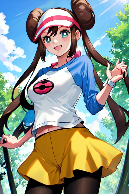 masterpiece, best quality, highres,  shorts, pantyhose, visor cap, legwear under shorts, raglan sleeves, yellow shorts, black pantyhose, shirt, short shorts, outdoors, smile,