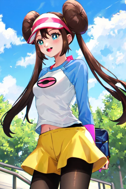 masterpiece, best quality, highres, shorts, pantyhose, visor cap, legwear under shorts, raglan sleeves, yellow shorts, black pantyhose, shirt, short shorts, outdoors, smile,