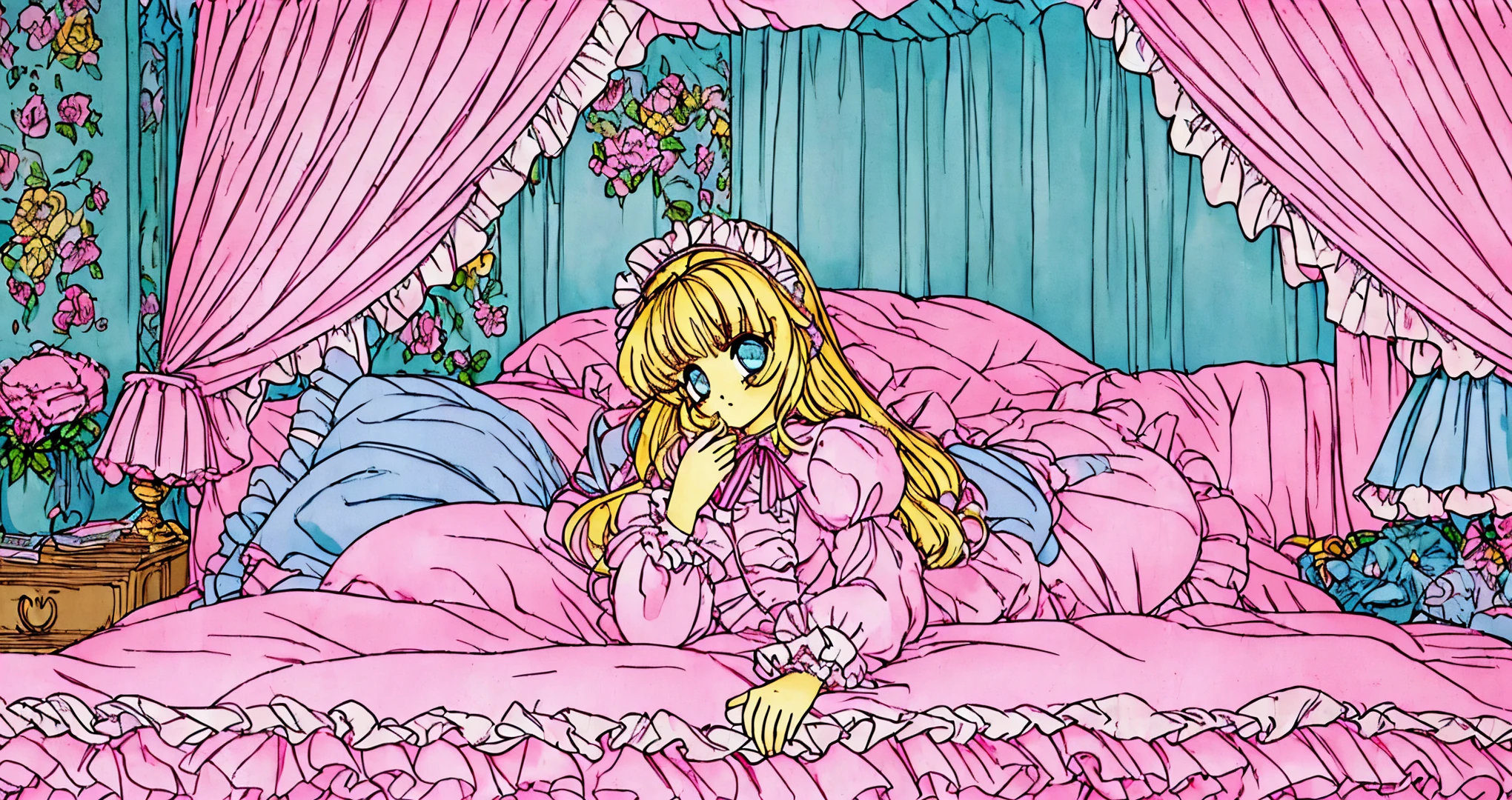 ,highest quality, masterpiece, highest resolution, artwork, super それにget used to it, many get used to it, get used to it, それにget used to it, 3K anime illustration,(( 10 year old girl)),Super detailed baby face,high quality small face,long blonde hair that grows to the waist,blue eyes,白い肌のeuropean,pajamas, european,(((super long blonde hair))),curly hair,blue eyes,((((ピンクのロリータファッションのlong skirtのワンピースドレス)))),((Pink dress with lots of frills and ribbons)),((Luxurious headdress with frills and ribbons)),detailed headdress,,(((big yoke collar))),Yoke collar with ruffles and ribbons,((((long sleeve)))),ruffle sleeves,((((long skirt)))),white ruffle and lace socks,large frill and ribbon pillow,(((Nice pink outfit))),豪華なcanopy bedの上,canopy bed,The bed is surrounded by luxurious curtains,many frilly pillows on the bed,There are many frilly pillows behind the girl.,super detailed background,detailed bed,soft pink comforter,Highly detailed soft ruffle pillow,Beautiful girl illustration,detailed beautiful face,thin hair,detailed eye ,detailed eyes,detailed mouth, arm details,fine hands,Detailed pillow,wide bed,Illustration on the bed, ,((((round futon)))),((((A large ruffled futon that covers the entire bed)))),detailed comforter,detailed bedシーツ,Before bedtime,romantic atmosphere,palace bedroom,((((The lower half of the body is hidden under the futon and the puffy skirt.....)))) The girl is leaning on a pile of pillows, ,((((round futon)))),((((A large ruffled futon that covers the entire bed)))),