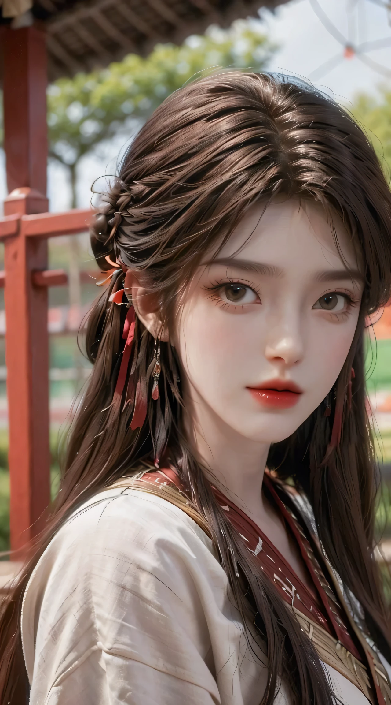 (Best quality, Masterpiece，16k), 1girll, Korean girl，18yr old，Absolutely beautiful, Amazing, In the park，Clear lake，gazebo，Under the peach blossoms，Noble,perfect bodies, Perfect face shape，Charming eyes，Bright big eyes，double eyelid，Long eyelashes，sensual lip，White skin，The gauze skirt flew up，Very real，goodlooking，Ethereal beauty