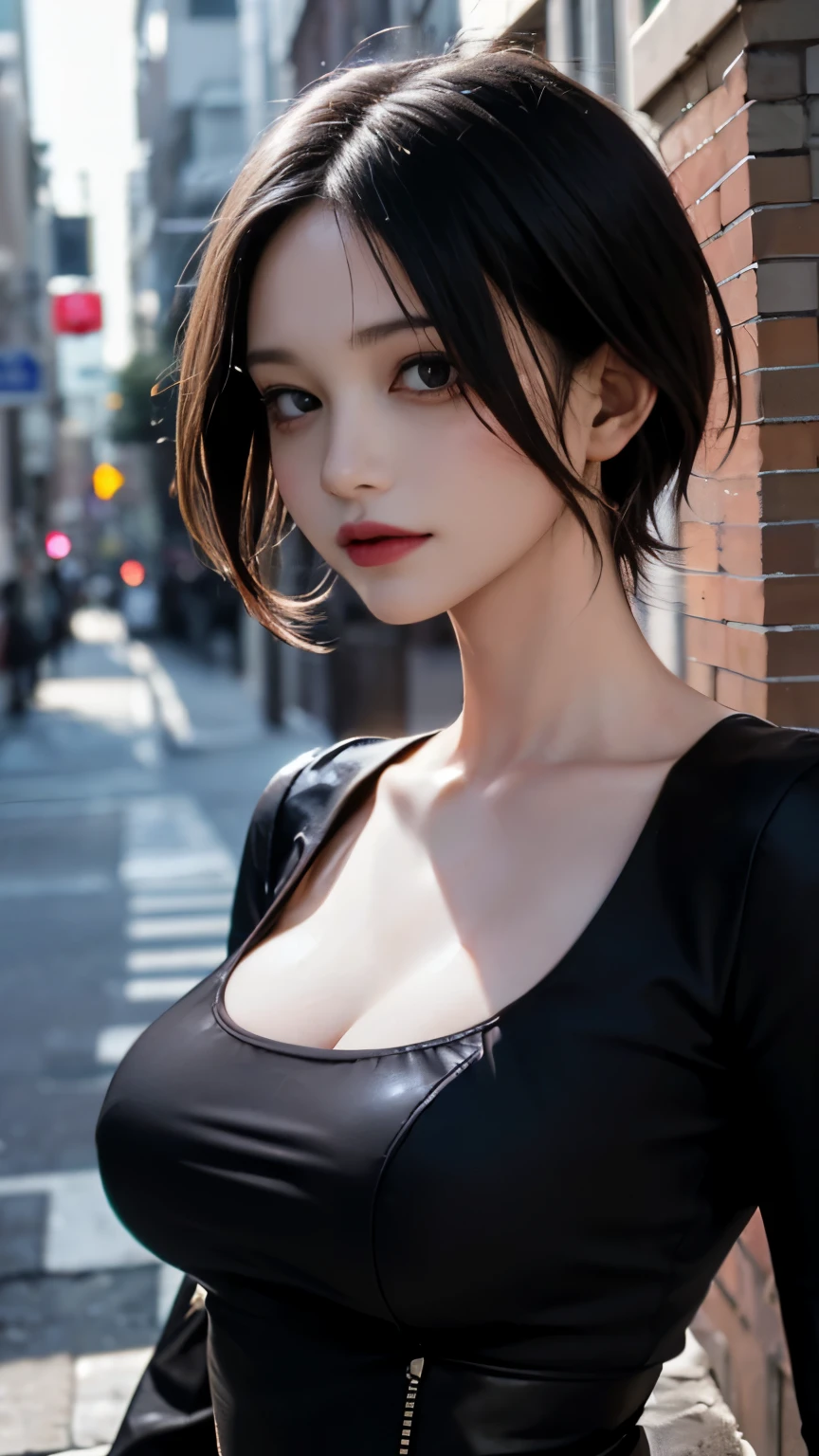 mature woman, Beautiful woman、tight clothes、(full shot, /red eyeliner/、/fluorescent pink glossy lipstick/)、long shot, Beautiful depiction、knowledgeable person、detailed background、quality people々、high quality face、Ultra-high-definition animation、(beautiful black hair:1.8)、earrings、clavicle、(((big breasts)))、((street snap))