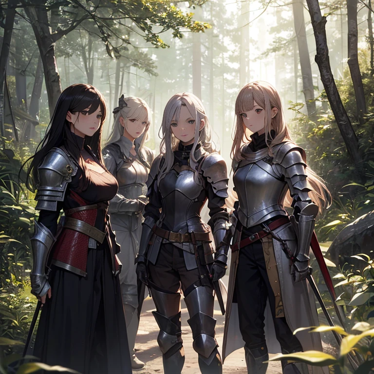 A group of female knights, (in forest), various hair styles, harem, wearing armored clothes, metal armor, night, details face, trousers, seducing, sword,