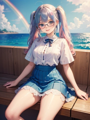 (masterpiece:1.2), (highest quality:1.2),, Curvy but slender body, perfect eyes, perfect face, perfect lighting, 1 girl,(rainbow colored hair, colorful hair, Half blue、half pink hair: 1.2),  cherry blossoms、 Glasses、（Cute floral shirt），（whole bodyが見える），spring、（Exquisitely drawn、Transparent sexy clothes、polka dots、Extremely Mini、White lace skirt），curly hair, Clothes with short sleeves, 、In the sea、on the boat、, compensate, eye shadow, small breasts、thick eyelashes, fantasy, looking at the viewer, whole body，alice in wonderland、blue sky、Bright and beautiful face、young shiny glossy white shiny skin、the best beauty、the most beautiful in the world、thin hair、long hair、Shining beautiful bangs、big shining blue eyes、very beautiful and lovely 8 year old, the most beautiful girl in the world、twin tails、Glasses、a disappointed face、Waiting for a kiss、smile.Stylish black underwear