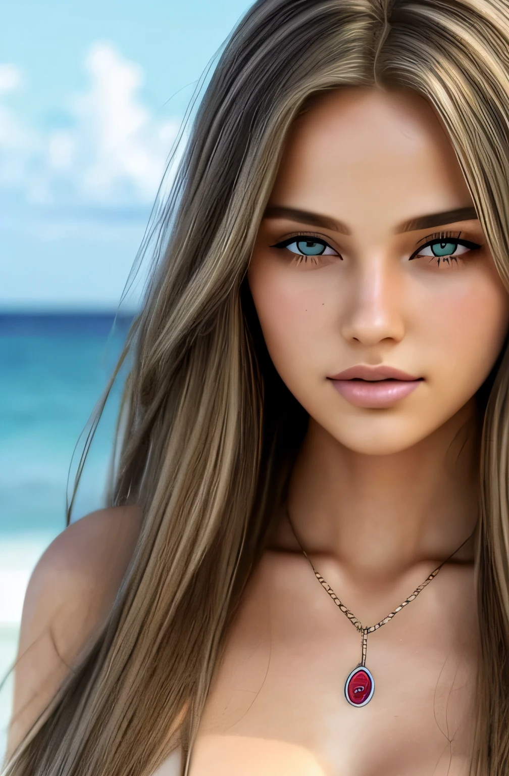 1girl in, age18, Solo, Long hair, Colossal , Looking at Viewer, blondehair, Brown eyes, jewely, Full body, a necklace, wearing a bikini, Realistic, A sexy, nsfw. highly detailed face. highly details lips, perfect skin texture