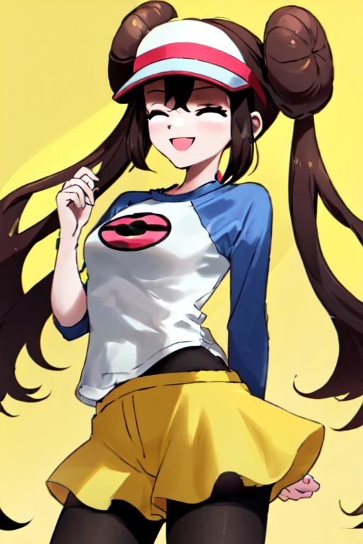 closed eyes, flying in the yellow mistic background, simple background, masterpiece, best quality, highres,  shorts, pantyhose, visor cap, legwear under shorts, raglan sleeves, yellow shorts, black pantyhose, shirt, short shorts, outdoors, smile,