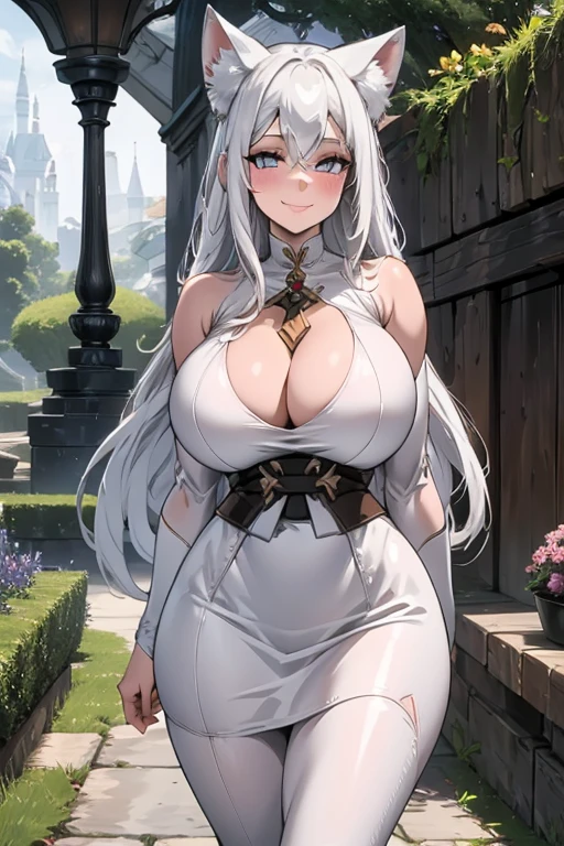 a white haired woman with copper eyes and white fox ears and a white fox tail with an hourglass figure is walking through the garden with a flirty smile