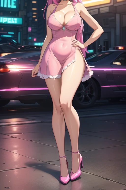 1 girl, 19 years old, Long pink hair, green eyes with slit pupils, master-piece, best quality, (standing up), (pink dress), (tight short pink dress, pink heels, cleavage), (Big , ultra gigantic , Super super big, Glamorous body), Make eye contact with the camera, front figure, looking forward, (light_Smile:1.5), (Detailed hands and fingers:1.2) (Cyberpunk City), (FULL BODYSHOT), thighs thighs thighs thighs、beauty legs、