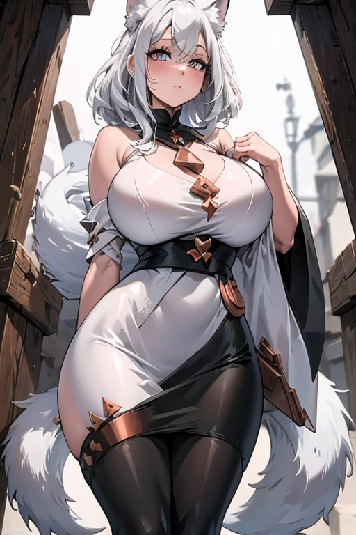 Wolf, woman, bitch, yellow eyes, , looking at viewer, 2d animation, A detailed face、Detailed hand、detailed legs, dramatic lighting, (detailed fluffy fur:1.1), looking at viewer, sexy, sexy pose, (Huge breasts, perky breasts:1.4), total naked, hot