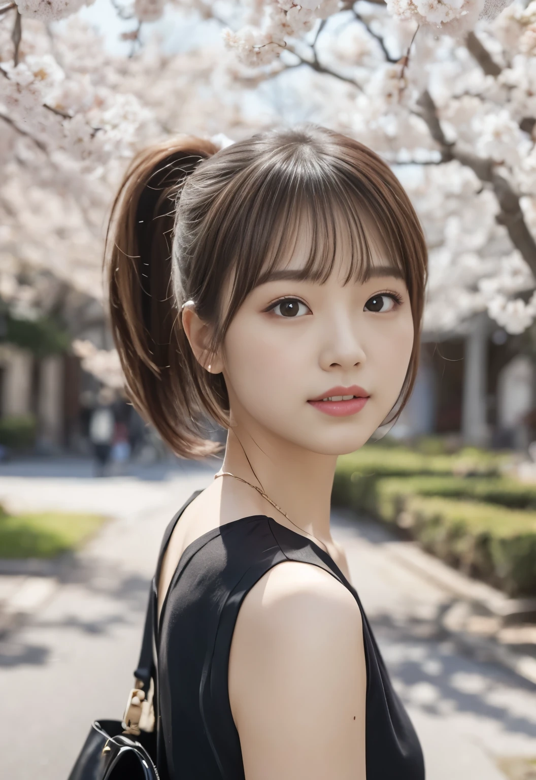 ponytail:1.3, medium bob:1.2, cherry blossoms