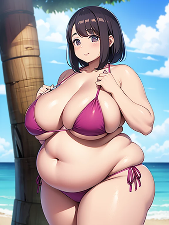 harmonious scene of a chubby latina with a big round belly wearing a bikini