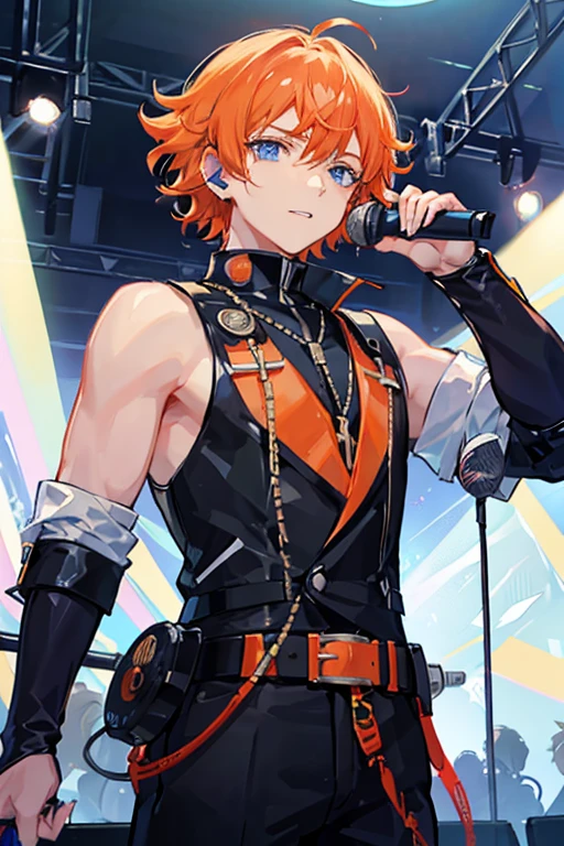 orange hair short hair perm drooping eyes blue eyes Handsome guy boy microphone concert earphone