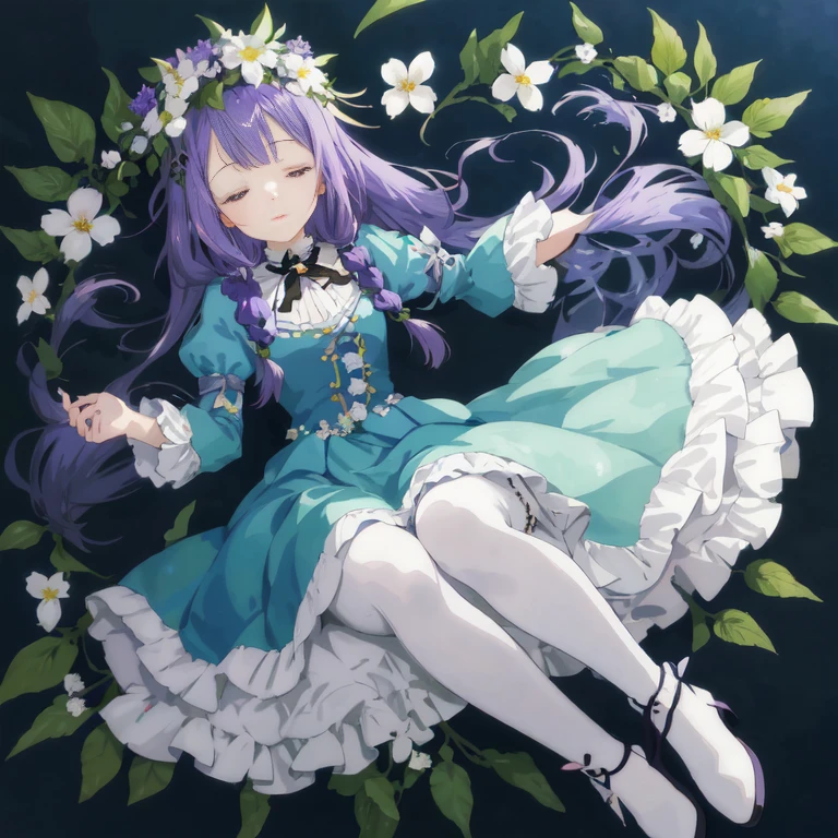 anime girl with purple hair and white dress laying on a bed of flowers, goddess of sleep, marin kitagawa fanart, nightcore, hanayamata, lovely languid princess, anime moe artstyle,  in dress, splash art anime , illustrious makinami, high quality anime artstyle, guweiz on pixiv artstation