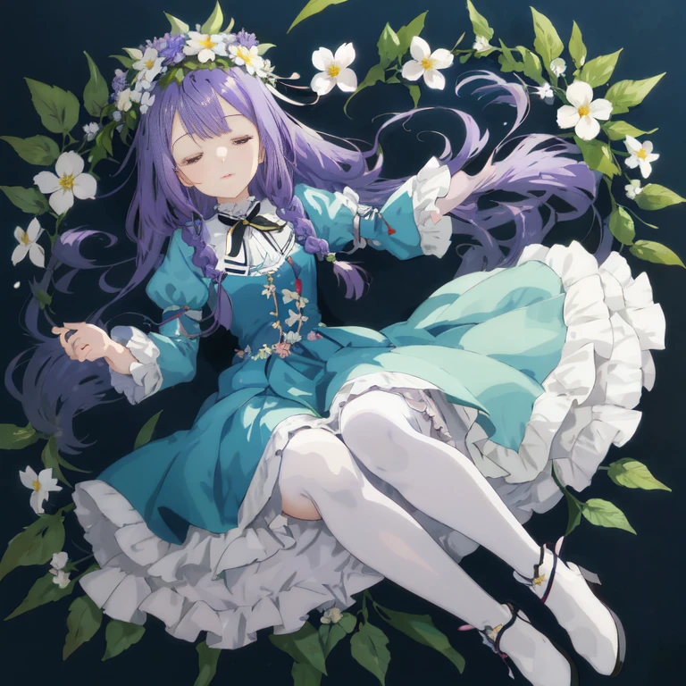 anime girl with purple hair and white dress laying on a bed of flowers, goddess of sleep, marin kitagawa fanart, nightcore, hanayamata, lovely languid princess, anime moe artstyle, in dress, splash art anime , illustrious makinami, high quality anime artstyle, guweiz on pixiv artstation