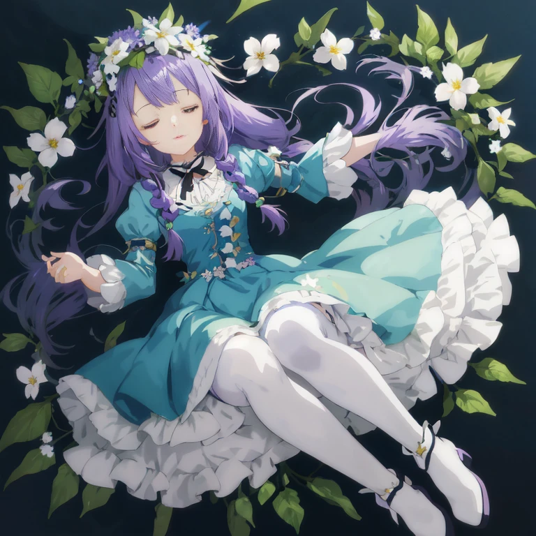 anime girl with purple hair and white dress laying on a bed of flowers, goddess of sleep, marin kitagawa fanart, nightcore, hanayamata, lovely languid princess, anime moe artstyle,  in dress, splash art anime , illustrious makinami, high quality anime artstyle, guweiz on pixiv artstation
