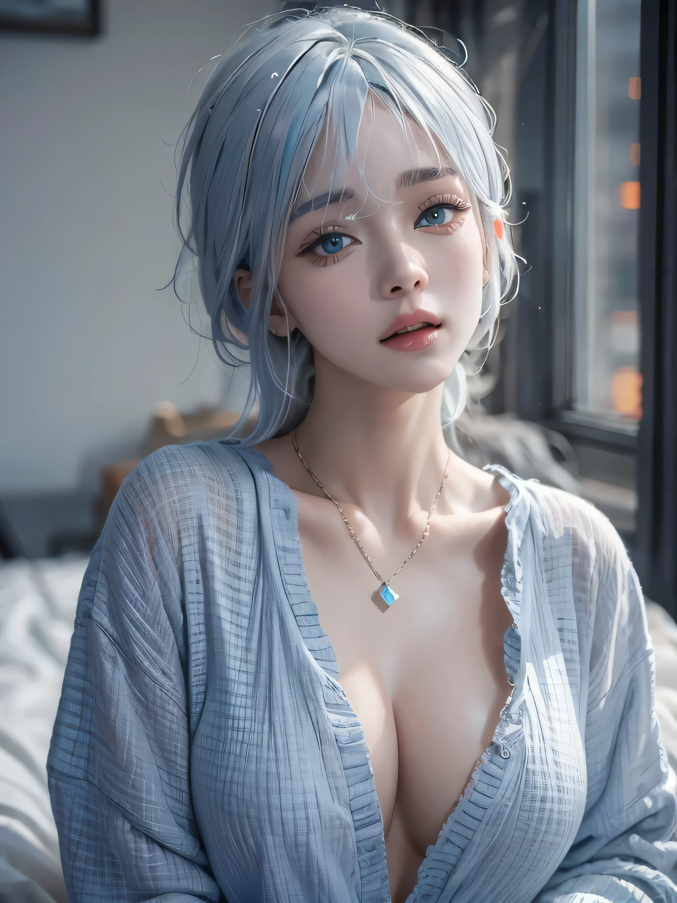 (photorealistic:1.8, highest quality:1.8,8K masterpiece:1.8,High resolution,muste piece:1.8,RAW Photos,cinematic lighting),No split screen, indoor、modern bedroom、window、morning、Awakening、 (1 android girl:1.3)、Completely naked、choker、beautiful breasts、T-shirt、beautiful butt、beautiful thighs、plump nipples、(Nipples visible through clothing)、cameltoe、
Pulling on shirt、
(Beautiful shining blue-white hair:1.5)、shining blue eyes