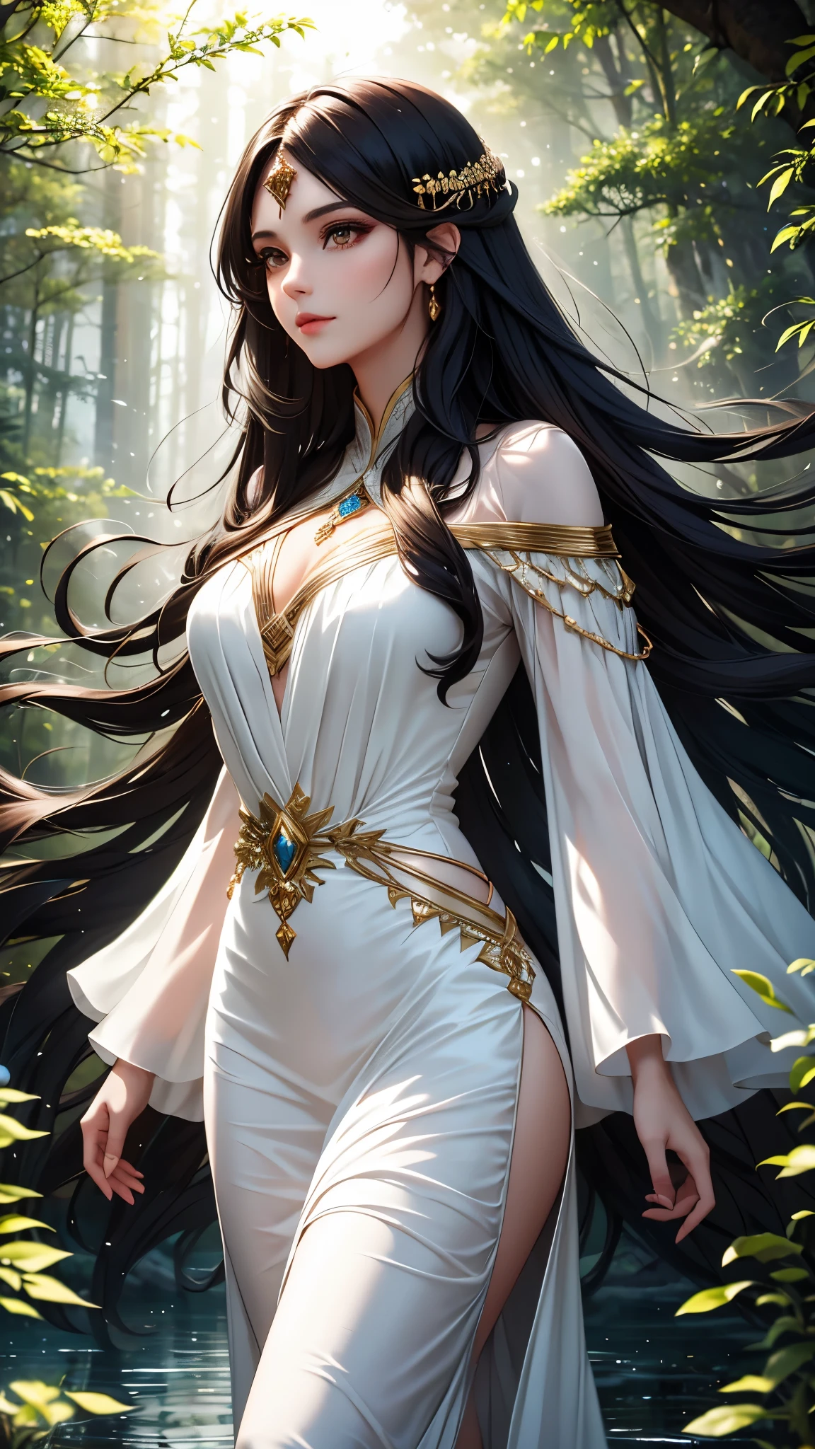 Magical woman with brown eyes and long black hair in white dress in a night forest with orb of light water element highest quality artwork 8k