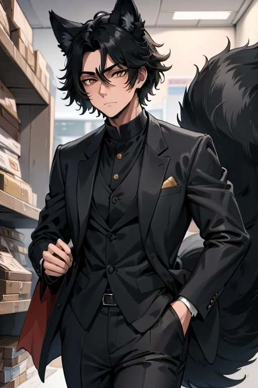 a handsome black haired man with golden eyes with black fox ears and a black fox tail is shopping for suit