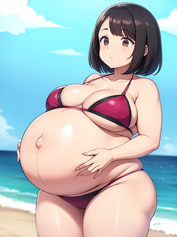 harmonious scene of a chubby pregnant latina wearing a bikini 