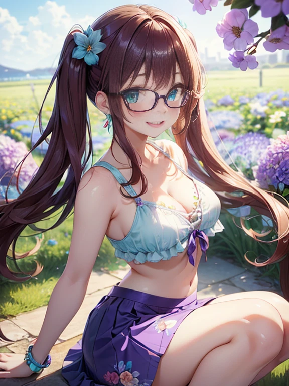 Glasses、小さなgirl、The arrival of spring、big butt、 (alone:1.5,)Super detailed,bright colors, very beautiful detailed anime face and eyes, look straight, ;d, shiny_skin,girl, (Green Long Hair,Inner color is red 、forehead is exposed.、shiny hair, delicate beautiful face, blush、(turquoise eyes), White skin, Valletta, earrings,、blue flower field、(((Floral、summer clothes、purple mini skirt)))、twin tails、smile、happy face、face dyed red