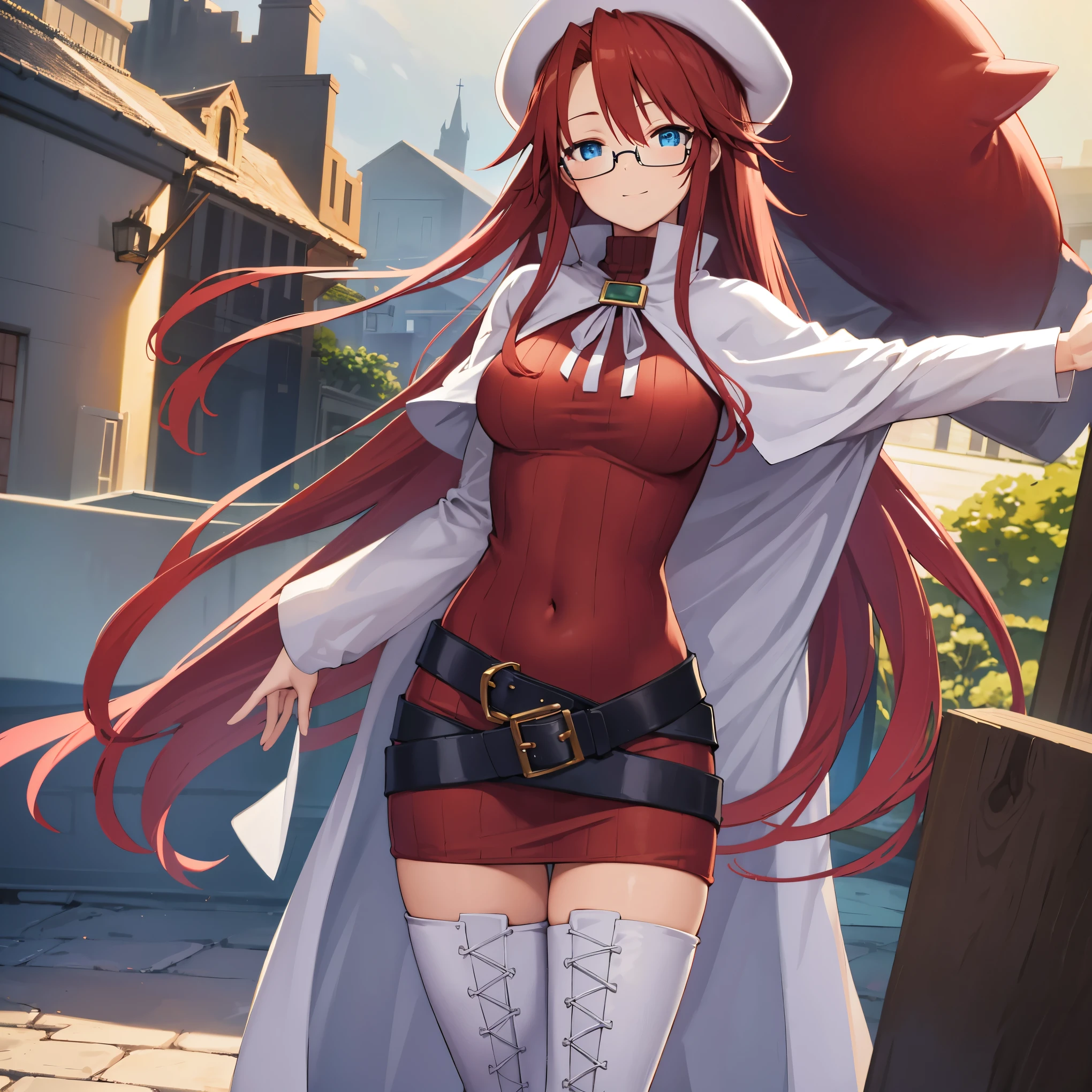 summonnightaty, aty, long hair, blue eyes, red hair, beret, hat, glasses,
BREAK long hair, thighhighs, hat, dress, boots, glasses, belt, cape, sweater, zettai ryouiki, beret, thigh boots, white footwear, ribbed sweater, loose belt,solo,
BREAK outdoors, fantasy,on_a_ship,
BREAK (masterpiece:1.2), best quality, high resolution, unity 8k wallpaper, (illustration:0.8), (beautiful detailed eyes:1.6), extremely detailed face, perfect lighting, extremely detailed CG, (perfect hands, perfect anatomy),covered_nipples,covered_navel,light_smile ,(half_eyes:1.4),sword,armpit,sleepy,dynamic_standing,barrel,red_sweater,apart_legs,magical_effect,