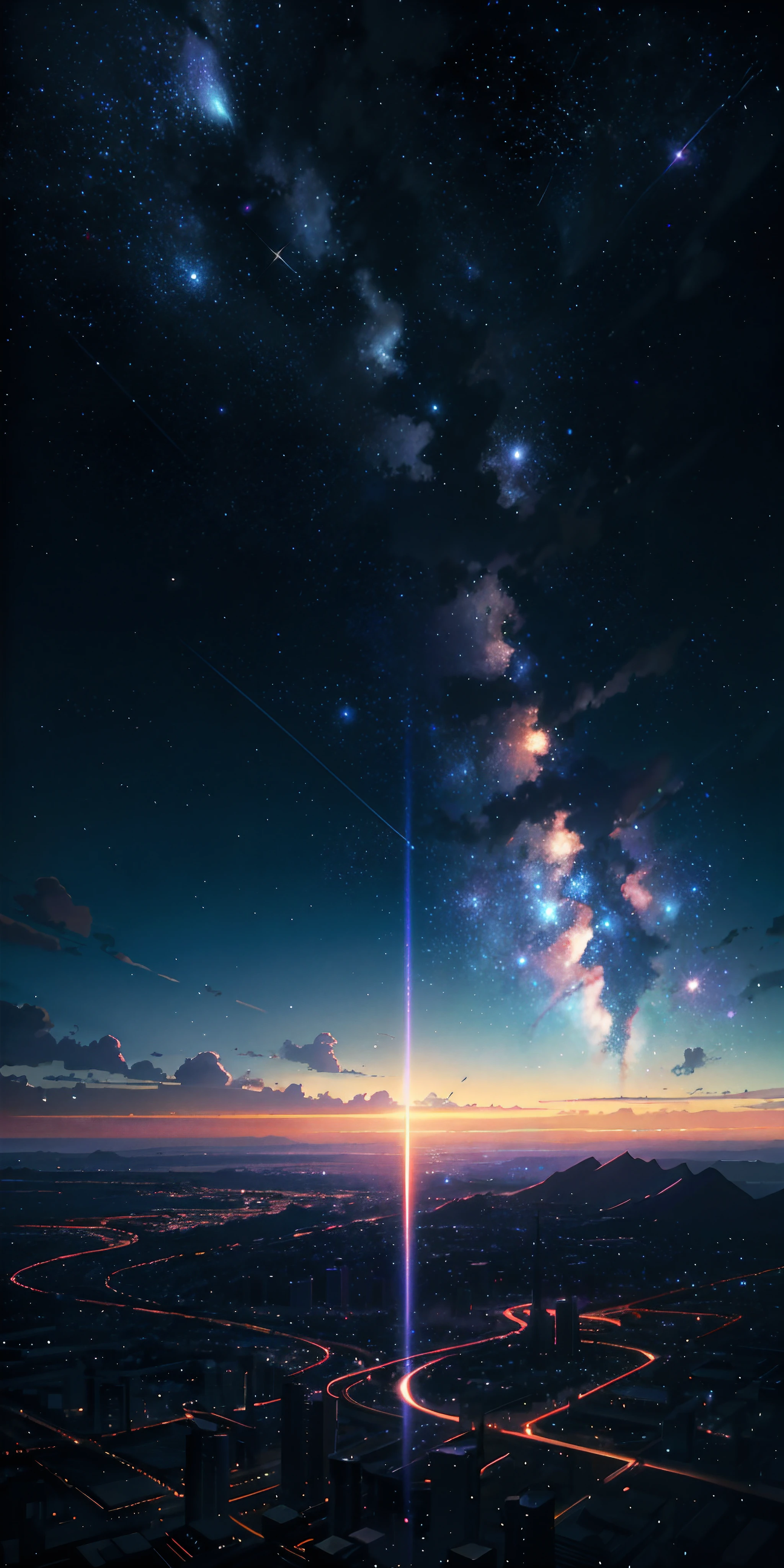 Summer, Makoto Shinkai's concept art, Night, Starry sky, Galaxy, magical realism, beautiful anime scene, Beautiful sky. by makoto shinkai, ((By Shinkai Makoto)), Anime Background Art, Anime Background, Shinkai Makoto style, anime movie background, Galaxy Express, No humans.