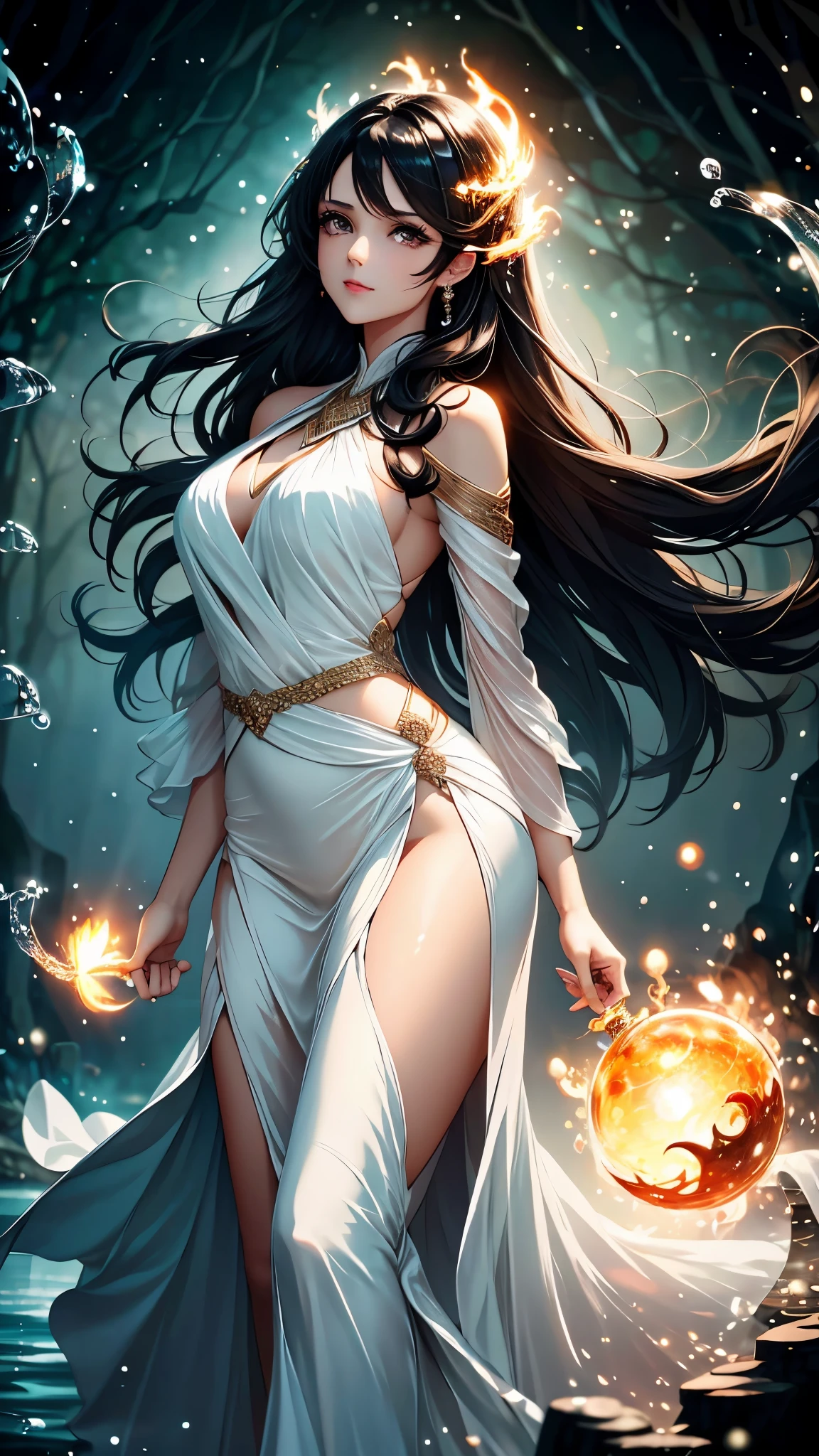 Beautiful woman with brown eyes and black hair wearing elegant white dress in a night forest with water and fire element light orb 